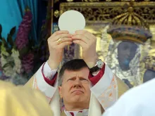 Archbishop Ante Jozić celebrates Mass before the icon of Our Lady of Budslau in Belarus, July 3, 2021.
